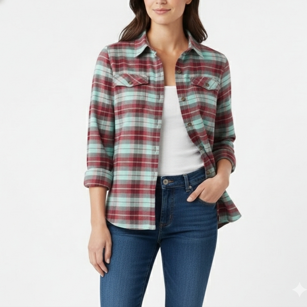 L.L.Bean Women's Whisper Lodge Flannel Shirt Burgundy Green Plaid Sz S